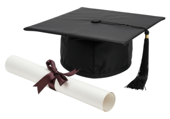 Graduation cap and diploma signify academic achievement and success.