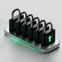 Digital security concept multiple padlocks secured on a futuristic device with glowing green circuitry and data streams