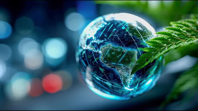 Transparent digital globe with illuminated continents and green leaves symbolizing sustainability