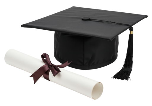 Graduation cap and diploma signify academic achievement and success.