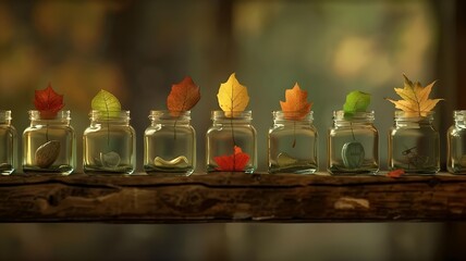 A row of glass jars on a rustic wooden shelf, each containing autumn leaves or acorns. Warm lighting highlights the vibrant fall colors, creating a cozy, decorative display.