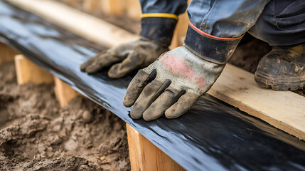 Construction worker carefully laying black plastic sheeting over a wooden frame, ensuring a smooth and even surface, wearing work gloves and trousers, detail-oriented project.