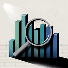 Magnifying glass examines growing bar chart illustrating data analysis and financial growth trends