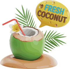 Realistic tropical illustration of fresh green coconut drink with straw, palm leaf, flower decoration, beach sand and summer refreshment concept