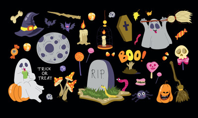 Halloween stickers set of mascots ghosts, pumpkins, gravestone, potion, full moon, candies, eyes, bat. Vector illustration in flat style on a black background
