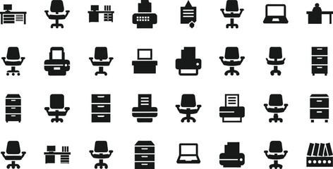 Collection of office furniture and equipment icons including chairs desks printers and cabinets isolated on transparent background