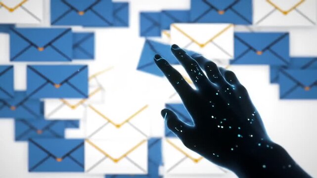 Abstract hand reaching for digital mail envelopes communication concept