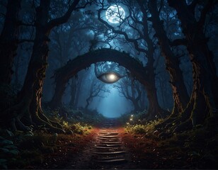 Mysterious forest scene with an eye-shaped portal under a full moon