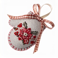 Gray Mitten Ornament with Red Flower Embroidery and Plaid Ribbon