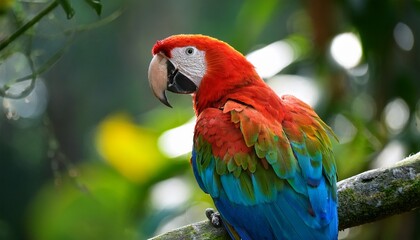 vibrant aw parrot perched on a tropical rainforest branch