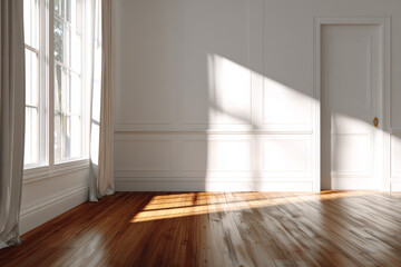 Fototapeta premium Sunlit Empty Room With Wooden Floor And White Walls