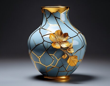 a broken vase reassembled with golden seams kintsugi style with a small flower growing from the cracks metaphor of healing and redemption