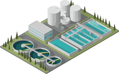 Modern isometric 3D illustration of wastewater treatment plant facility with filtration tanks, aeration basins, clean water management, and eco engineering system