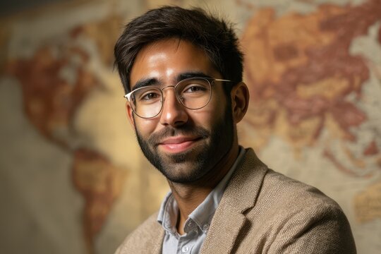 Young man with glasses and a beard smiles confidently at the camera, wearing a beige jacket over a light shirt. The blurred background features an abstract representation of a world map - Powered by Adobe