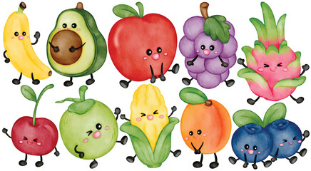 Cute fruit characters watercolor clip art with banana avocado apple grape dragon fruit cherry corn peach and blueberry illustration for kids education or cartoon design project
