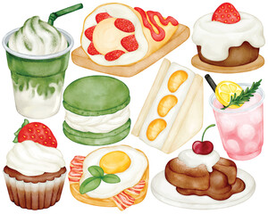 Cafe dessert and drink watercolor clip art with cake macaron sandwich pancake matcha frappe lemon soda and sweets illustration for bakery design or coffee shop decoration project