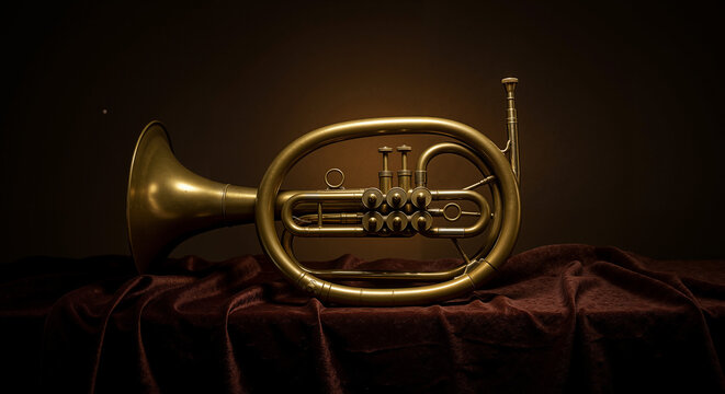 Brass flugelhorn on dark fabric background for music promotion