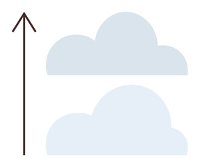 Arrow pointing up alongside two simple clouds suggests elevation, growth, ambition, or goals. Ideal for success, strategy, future, innovation progress potential decision-making themes. Clean flat