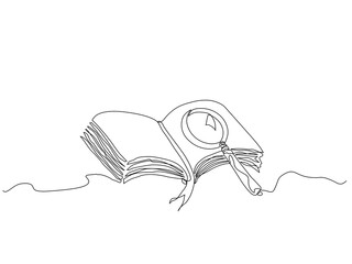 Continuous one line drawing of an open book with a magnifying glass placed on top, representing study, research, or curiosity in a minimalist style. Vector Editable stroke.