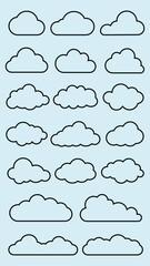 Vector set of cloud outlines on a blue background. Simple cloud shapes, various cloud designs, cloud icons. Perfect for weather, sky, or digital themes. Weather illustration, vector set.