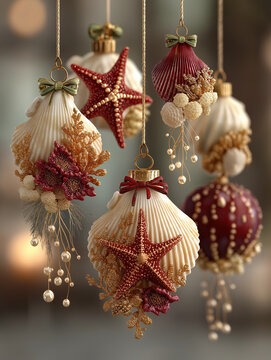 Hanging Coastal Christmas Ornaments with Shells, Coral & Starfish &ndash; Tropical Holiday Elegance