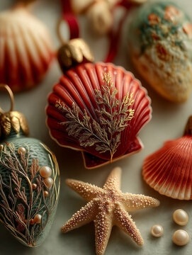 Elegant Shell Ornaments with Pearls & Seaweed &ndash; Tropical Christmas Tree Decor