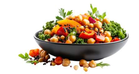 Chickpeas and Veggies in Black Bowl on Transparent Background