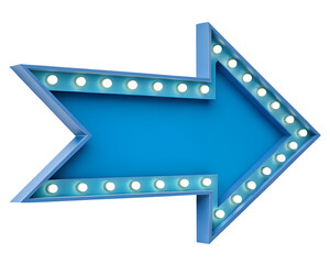 Obraz premium Blue neon arrow sign with light bulbs pointing right isolated on transparent background
