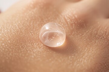 Fototapeta premium Macro droplet of milky serum glides gently over textured skin in luminous morning light