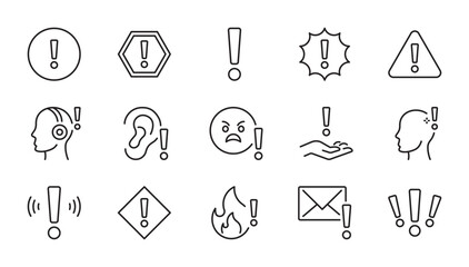 Exclamation mark line icon set. Warning, attention, problem, error, trouble, notification, alert, etc. Symbols for infographic, apps, business. Vector illustration. Editable stroke. Flat design.