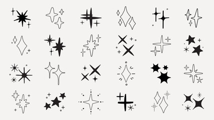 Naklejka na ściany i meble Collection of hand-drawn star and sparkle icons. Stars and sparkles in various shapes. Simple black and white star and sparkle designs. Decorative star elements. Element vector set. Naklejka na ściany i meble Collection of hand-drawn star and sparkle icons. Stars and sparkles in various shapes. Simple black and white star and sparkle designs. Decorative star elements. Element vector set.