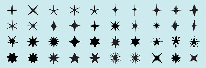 Collection of 40 black star shapes on a light blue background. Various star designs include starbursts, star outlines, and abstract stars. Star shapes for design use. Element vector set.