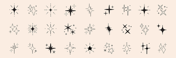 Collection of minimalist star and sparkle icons. Various star shapes and sparkle designs. Simple, elegant star and sparkle illustrations in black. Element vector set.