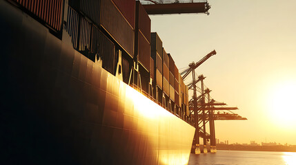 Cargo ship laden with shipping containers under a bright golden sunlight, poised for global trade. A scene of industry and commerce in a modern harbor. #shipping #global