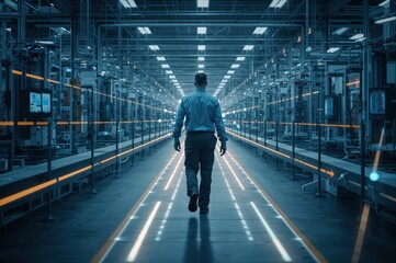 Fototapeta premium Industrial engineer navigates synchronized factory floor as augmented reality visualizes digital workflow efficiency