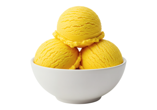Mango Ice Cream Three Scoops White Bowl Yellow Frozen Dessert Sweet Tropical Treat Food