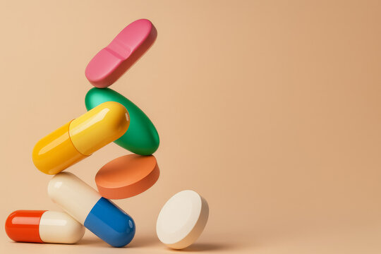 Colorful capsules and tablets stacked on beige background medicine, pharmacy, vitamins, supplements, healthcare concept