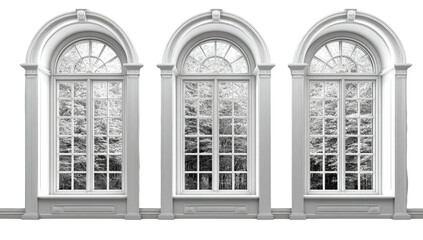 Obraz premium Three arched windows show snowy forest view