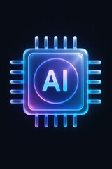 A neon-lit AI processor glows, embodying innovation on a stark, dark background.