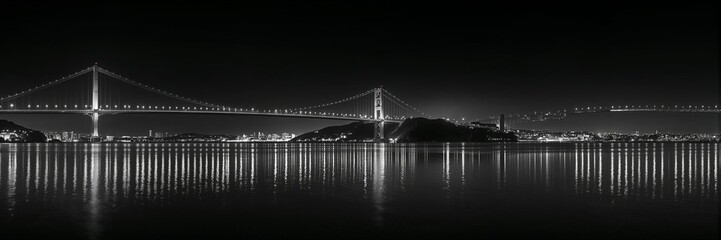 Illustration of black and white panorama of a bridge at night reflecting in the water