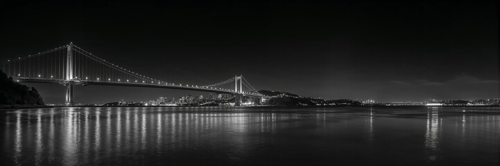 Illustration of black and white panorama of a bridge at night reflecting in the water