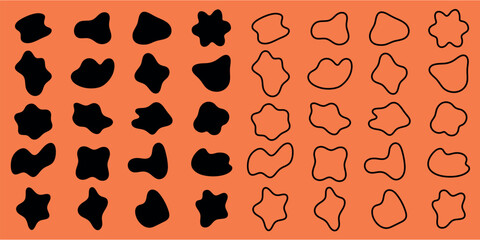 Abstract shapes pattern on orange background. Black and outlined shapes create a dynamic, artistic design. Shapes vary in form, adding visual interest. Black shape vector set.
