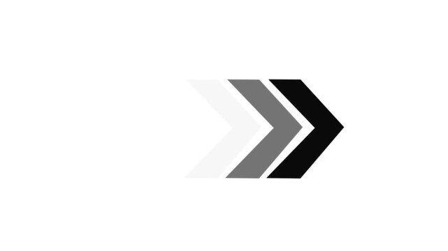 Sleek abstract arrow progression graphic with a light grey leading element and three solid black. Directional arrow loop animation using overlay video. Forward arrow icon background.