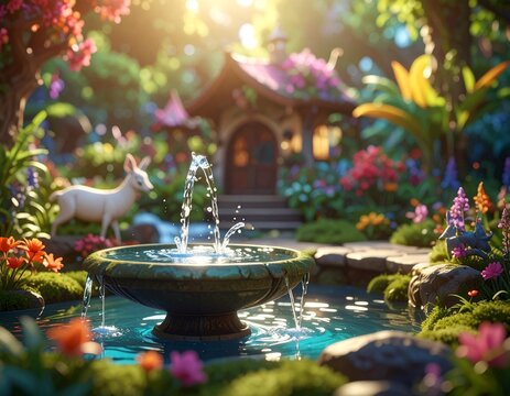 Fototapeta Bajkowa kraina fontanna w 3D