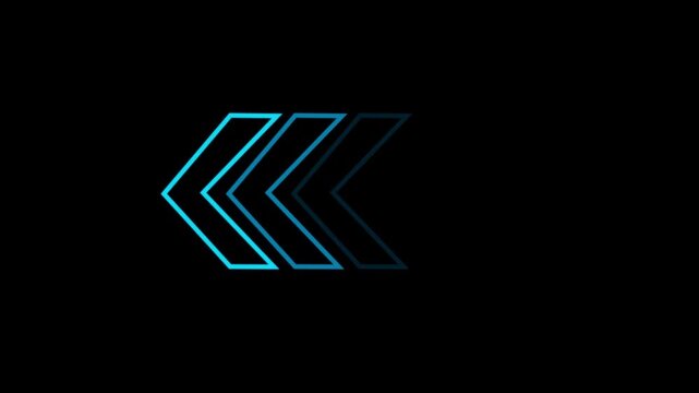 Glowing neon chevron arrows moving left on black background abstract. Futuristic arrow animation shows direction and movement. Digital symbol represents navigation and progress.