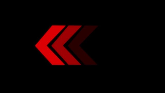Directional arrow loop animation. Red chevron arrows moving left on black background, movement. Arrow icon animation shows direction and motion. Looping arrows represent loading and progress.