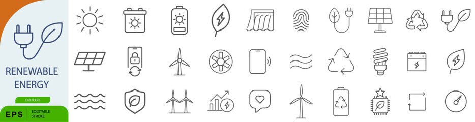 Renewable Energy Icon Set – 36 Line Style Symbols for Eco Power, Sustainability, and Clean Technology