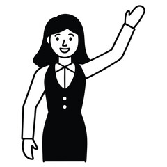 Cartoon vector illustration of business people silhouettes, including a woman in a red dress, a lady in a black dress, and a person in a black suit