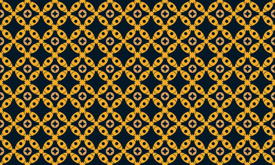 Luxurious seamless geometric pattern set featuring intricate traditional motifs, resembling high-end arabesque or sophisticated batik art. Rich gold details on a deep navy background. Ideal for formal