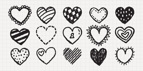 Set of 16 hand-drawn heart doodles in black and white, featuring various patterns like stripes, dots, and stitches. Heart designs vary in style and texture. Hand drawn Valentine's Day vector set.